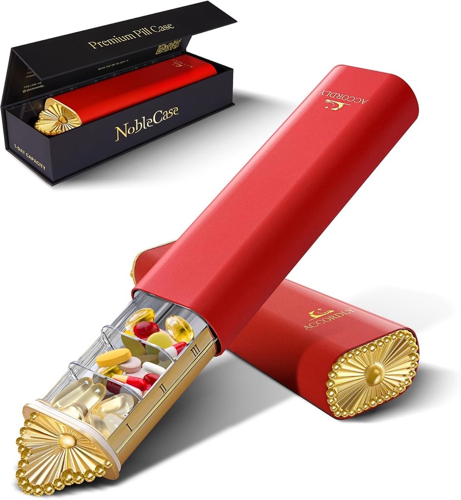 Premium Weekly Pill Organizer, 7-Day Compact Pill Case for Purse, Lightweight Gold Aluminum Pill Box for Vitamins, Medicine, Supplements, Luxury Wellness Gift