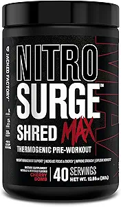 Jacked Factory Nitrosurge Shred Max Preworkout - High-Performance Thermogenic Pre Workout Powder for Men and Women with L Citrulline, Acetyl L Carnitine, Organic Caffeine - 40 Servings, Cherry Bomb