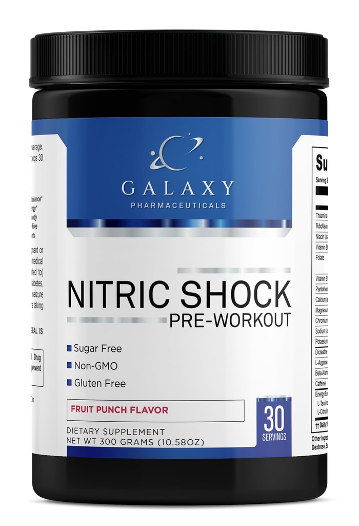 Nitric Shock Pre-Workout Powder, Fruit Punch, Sugar Free, Non-GMO, Gluten Free, 30 Servings