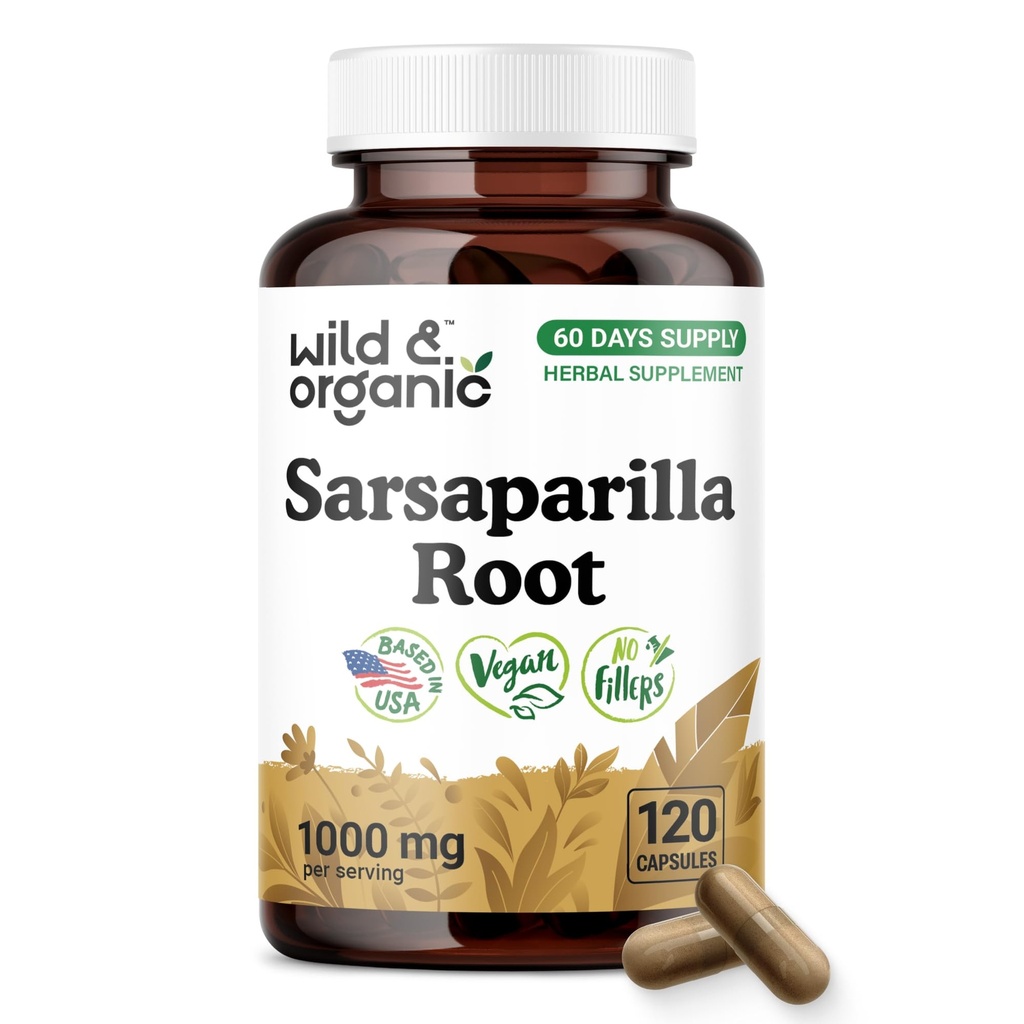 Wild & Organic Sarsaparilla Root Capsules 1000mg - Skin & Detox Support - Vegan Sarsaparilla Powder Supplement - 60 Days of Supply - 120 Capsules - Non-GMO, Gluten-Free, No Fillers