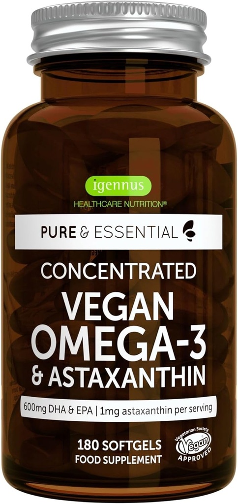 Igennus Vegan Omega-3 Natural Triglyceride Algae Oil, DHA &amp; EPA Fatty Acid Supplement, 180 Small Softgels with Astaxanthin, Easy-to-Swallow, Pure & Sustainable, 90 Servings