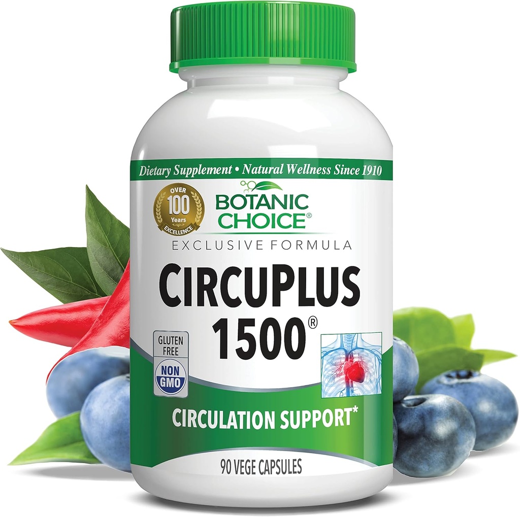 Botanic Choice CircuPlus 1500 - Heart Health & Circulation and Vein Support Supplement - Vitamin B1, Cayenne Pepper, Hawthorn, Ginkgo Biloba for Adults Men &amp; Women (90 Capsules)