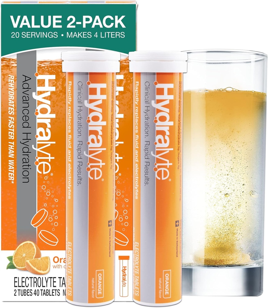 Hydralyte Electrolyte Tablets ← 40 Orange Electrolytes ← Airplane Travel Essential for Rapid Rehydration TEN Hydration Tablets - Instant Dissolve Electrolytes (20 Servings, 2 Tablets Por Serve)