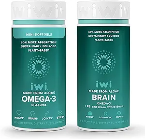 Iwi Omega-3 Minis &amp; Brain Omega-3 Bundle, 30 Servings, Vegan Plant-Based Algae Omega 3 con EPA + DHA, Krill & Fish Oil Alternative, No Fishy Aftertaste
