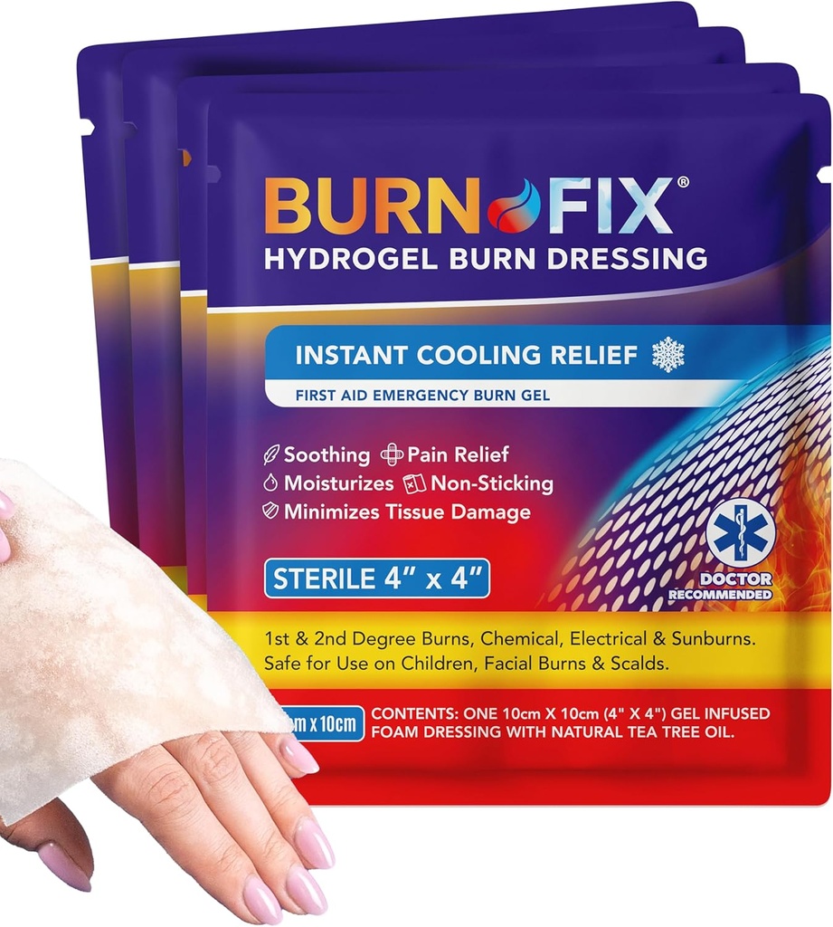 BurnFix® - 4 Pack-Burn Gel Dressing 4 x 4" Burn Care Cream Tratamiento de primeros auxilios. Alivio inmediato del dolor Hydrogel Burn Dressing para 1er, 2do Grado Burns, Razor & Sunburns for Home, Work, Fire, EMS