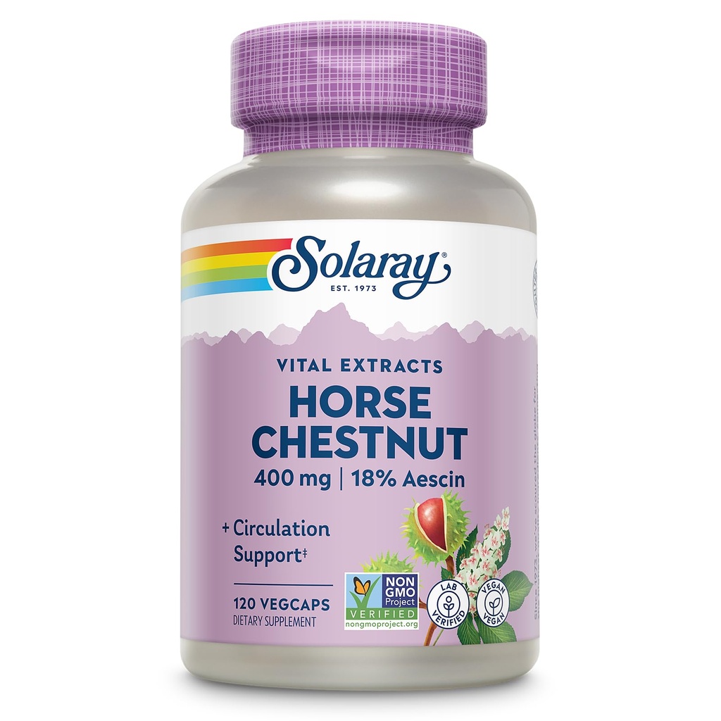 SOLARAY Horse Chestnut Extract 400 mg - Estándarizado a 72 mg Aescin - con 55 mg de Carnices Broom - Veinte y Sangre Circulación Suplementos - Vegan, No GMO, Garantía de 60 días, 120 Serv, 120 VegCaps