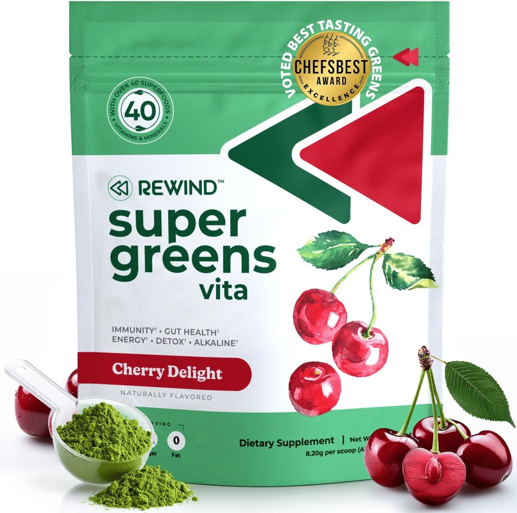 Mejor mezcla de Super Verdes Polvo con 40+ Superalimentos – Delicious Daily Green Powder con vitamina B12, zinc, vitamina C, magnesio y calcio – Green Juice Superfood Mix - Cherry Flavor