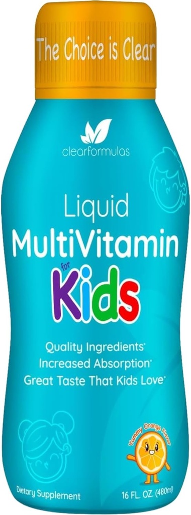 Multivitamina líquido libre de azúcar para niños - High Absorption Kids Liquid Multivitamin with Vitamins A C D E & B Complex Plus Quercetin Immune Support Complex - 3rd Party Tested - Orange Flavor (1 Mes)