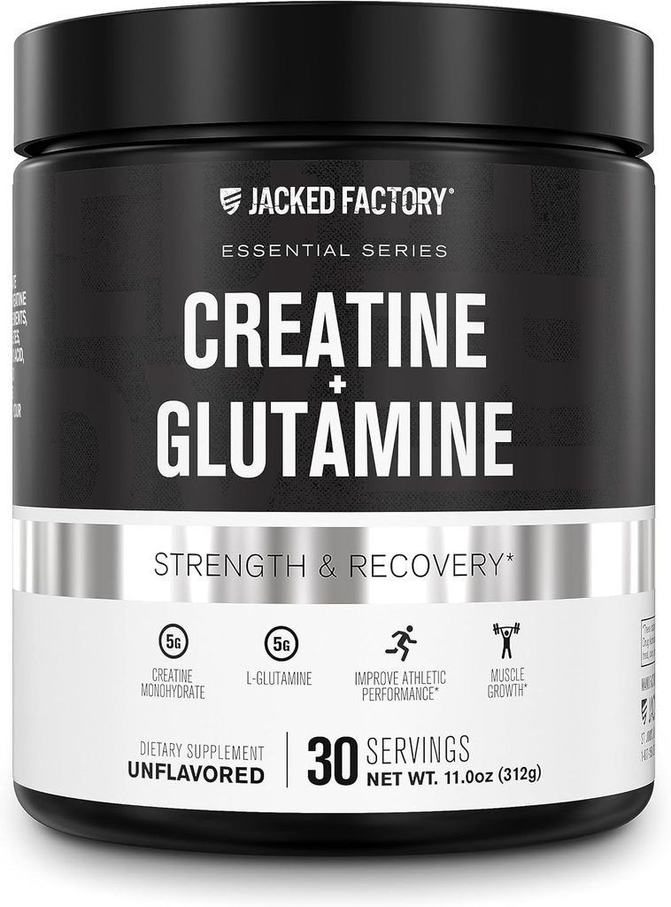 Creatina de fábrica de Jacked + Glutamina - Suplemento de crema con L-Glutamina para la recuperación de músculos, crecimiento muscular, aumento de fuerza, potencia de energía mejorada, y Gut Health - 30 Servimientos, Desflavorado