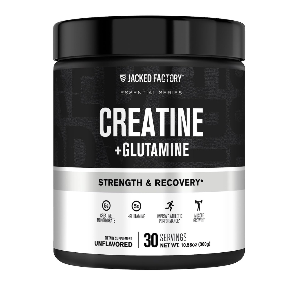 Creatina de fábrica de Jacked + Glutamina - Suplemento de crema con L-Glutamina para la recuperación de músculos, crecimiento muscular, aumento de fuerza, potencia de energía mejorada, y Gut Health - 30 Servimientos, Desflavorado