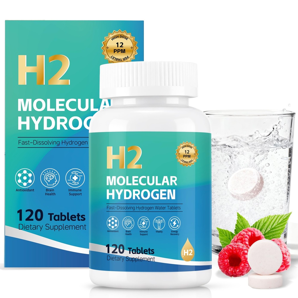 Molecular Hydrogen Water Tablets, 12 PPM H2 Supplement with Magnesium, Raspberry Flavor, Fast-Dissolving H2 Tablets for Water, Hydration, Energy & Recovery Support, 120 Tablets
