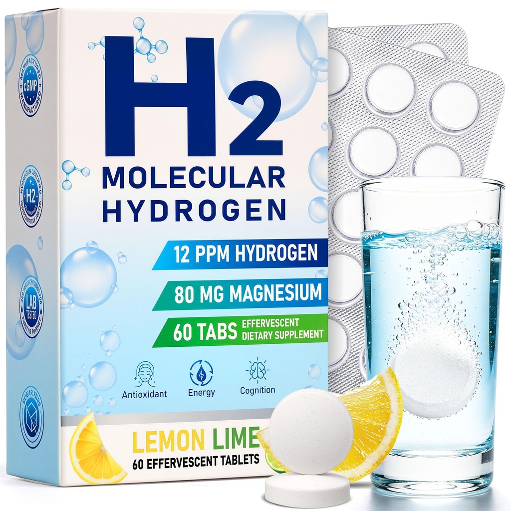 Molecular Hydrogen Water Tablets, 12 PPM H2 Supplement with Magnesium, Lemon Lime Flavour, Fast-Dissolving for Water, Hydration, Energy & Recovery Support, 60 Tablets, On-the-Go Packaging
