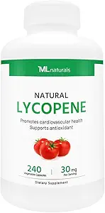 ML Naturals Lycopene natural 30 mg 240 cápsulas vegetales. Antioxidante &amp; Immune Support, Cardiovascular Health " Prostate Health, NSF-Certified " cGMP-Compliant, Third-Party Lab Tested