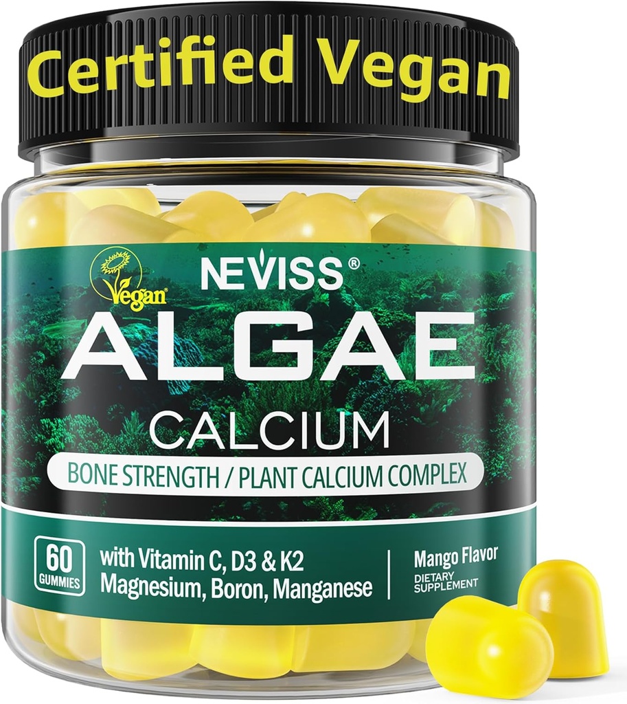 Calcio Gummies for Women + Magneisum Vitamina D3 K2, C, Zinc, Boron, Alga Sostenible (3er Partido Tested) para la Fuerza de Bone, Nerve, Absopción de Calcio, Suplemento de Calcio Libre de Azúcar, Vegan, 60 Condes