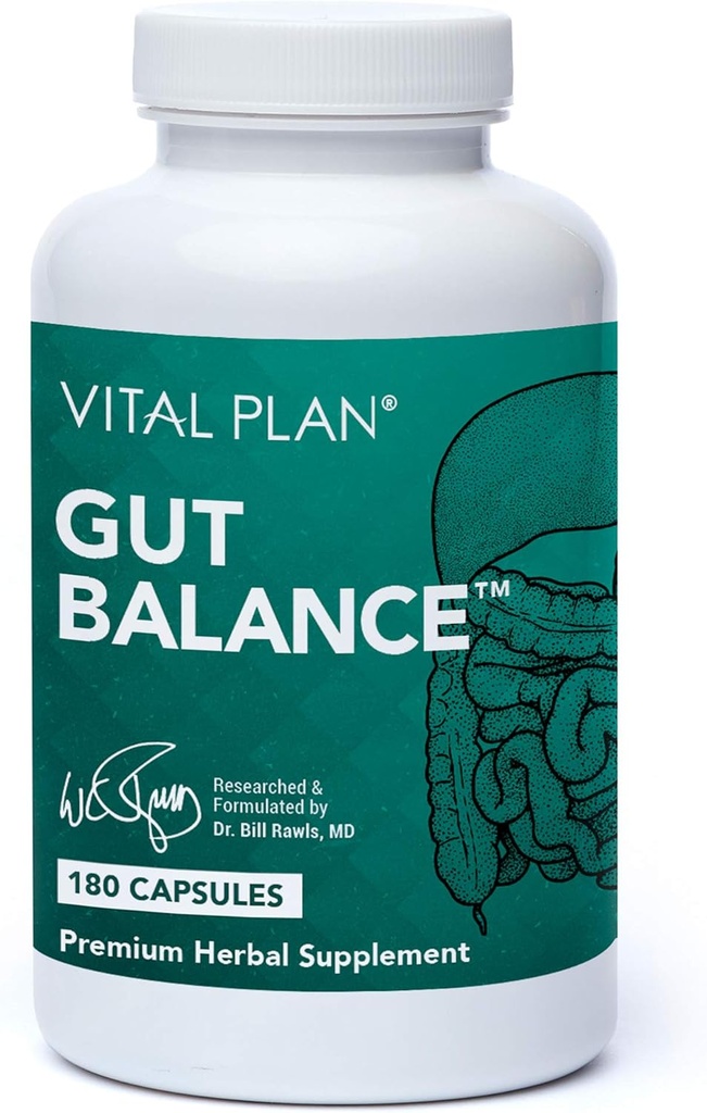 Plan Vital Gut Balance Suplemento del Dr. Bill Rawls - Advanced Digestive Health Support Formula w/Clinical-Grade Slippery Elm Bark, Berberine &amp; Dandelion Extract for Women &amp; Men (180 cápsulas)