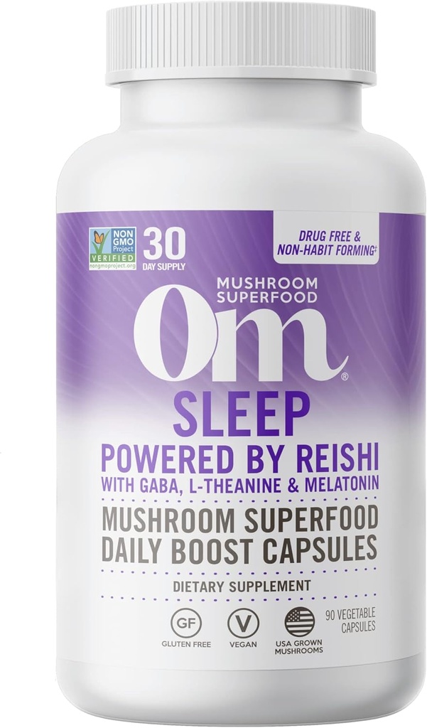 OM Mushroom Superfood Sleep Mushroom Capsules Superfood Suplemento, 90 Cuenta, 30 Días, Reishi, GABA, L-Theanine, Melatonin for Rest &amp; Sleep Quality Superfood Suplemento
