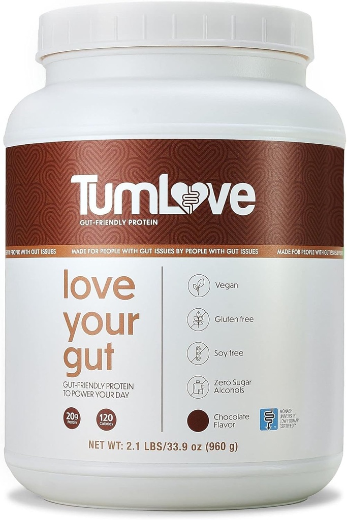 TumLove Vegan Protein Powder - Low FODMAP Certified, Gluten-free, Dairy-Free, Soy-Free, 100% Gut-Friendly " Non-Bloating, Chocolate (25 Servings)