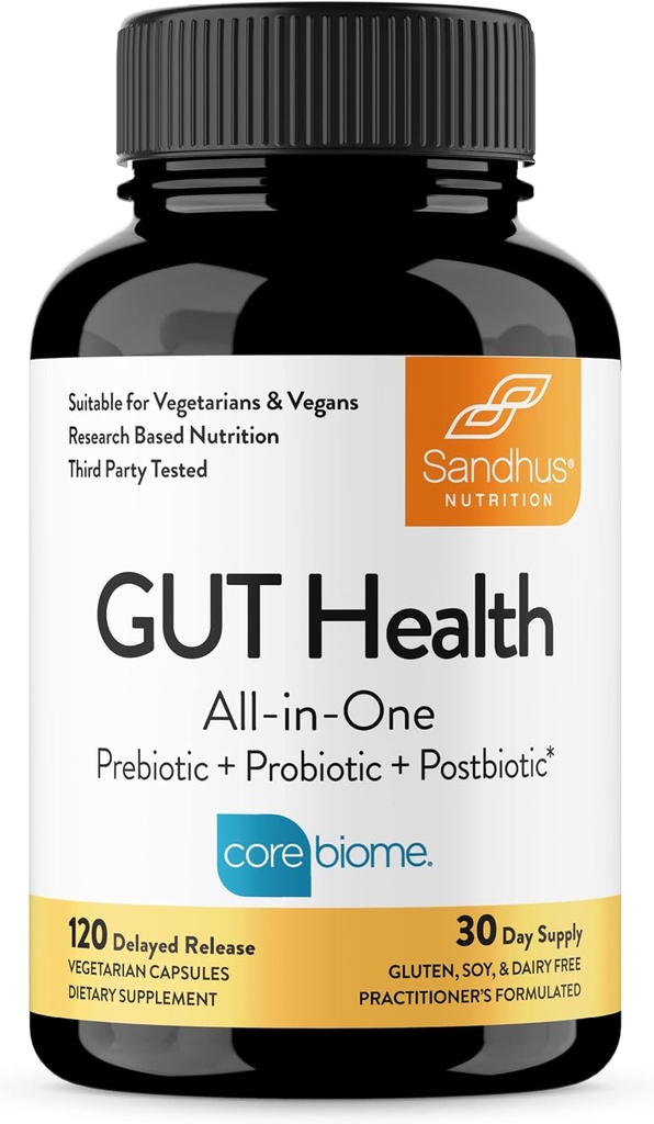 Sandhu's Gut Health - Prebiotic, Probiotic, Postbiotic & L-Glutamine | Digestive Health, Colon, Probiotic Total Supplements | 120 Delayed Release Capsules