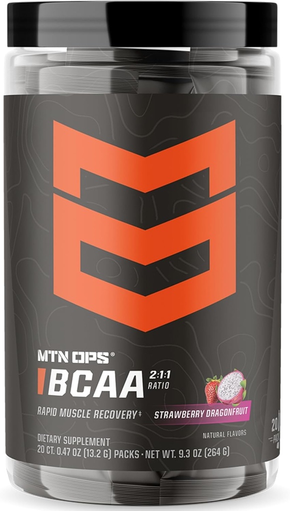 MTN OPS BCAA Powder 2:1:1 Aminoácidos Suplemento Polvo para la recuperación rápida del músculo " Reparación con cero azúcar " Gluten Gratis - 20-Servings, Strawberry Dragonfruit Trail Packs