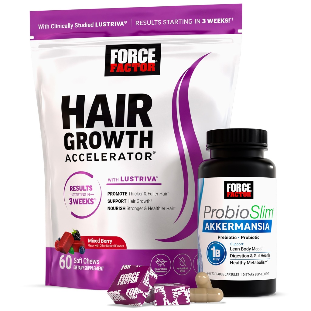 Force Factor ProbioSlim Akkermansia, 60 Capsules + Hair Growth Accelerator Soft Chews