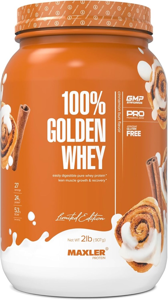 Maxler 100% Golden Whey Protein - 24g de Proteína por Serving - Premium Whey Protein Powder para Pre Post Workout - Fast-Absorbing Whey Concentrate, Isolate & Hydrolysate Blend - Cinnamon Bun 2 lbs