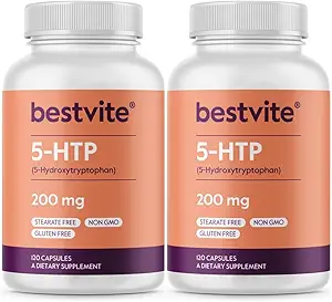 BESTVITE 5-HTP 200mg por cápsula (240 cápsulas) (120 x 2) - No Stearates - Sin agentes de flujo - Gluten Gratis - No GMO