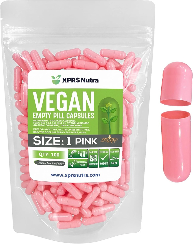 XPRS Nutra Size 1 Empty Capsules - 100 Conde Empty Vegan Capsules - Vegetarian Pills - DIY Vegetable Capsule Filling- Veggie Pill Caps for Do-It-Yourself Supplements (Pink)