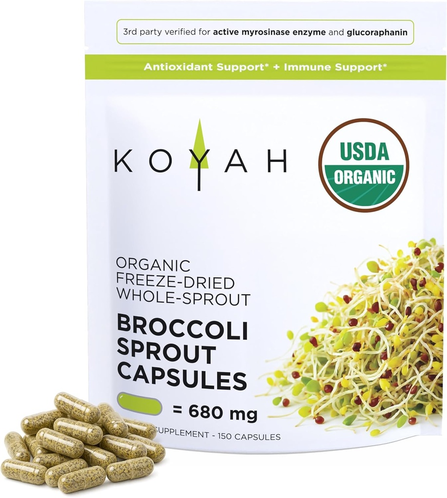 KOYAH Cápsulas orgánicas de proa de brocoli – Protecciones de Brocoli integrales congeladas – 3a Parte Tested for Active Myrosinase " Glucoraphanin (Sulforaphane Glucosinolate) - 150 Cápsulas