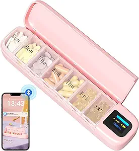 Dispensador automático de píldoras Daviky, organizador de píldoras inteligentes con alarma, caja de píldoras 7 días con APP, caja de carga semanal, recordatorio de píldoras portátiles para medicamentos, suplementos y vitaminas (Pink)