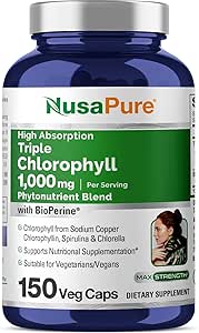 NusaPure High Absorption Triple Chlorophyll 1000 mg 150 Veg Caps Apto para Vegetarianos y Veganos, No GMO