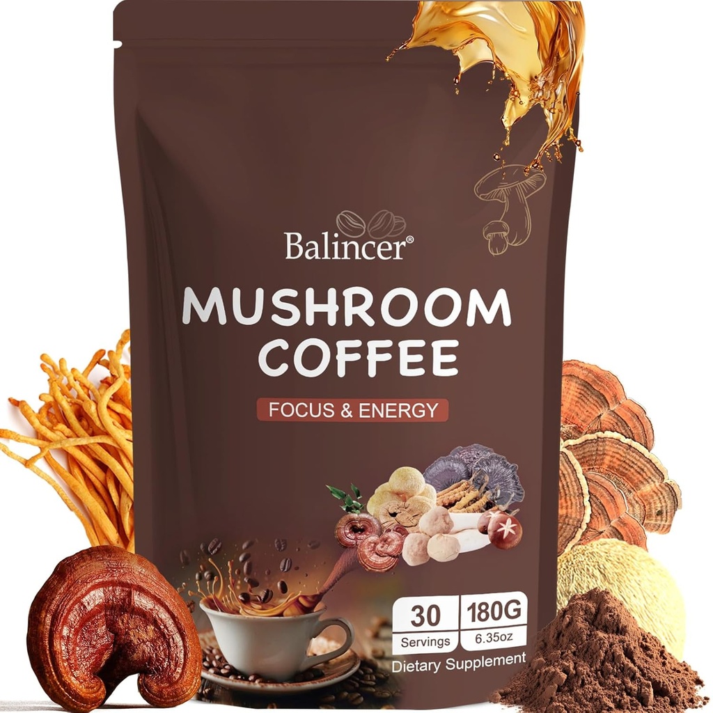 Cafetería, 6 Mushrooms Adaptogénicos (Mane, Cordyceps, Turquía Tail &amp; Other) Mezclado con café instantáneo Premium para Focus, Energy, Immune y Gut Health Support, 30 Servings