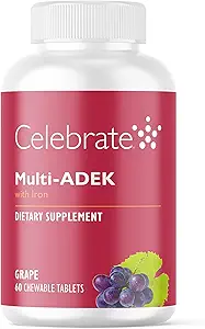 Celebrar Vitaminas Multi ADEK Chewables, 60 mg de hierro - Multivitamínico diario Bariat, vitaminas A, D, E, K &amp; B12 para cirugía de conmutación duodenal Pacientes - Grape (60 Tabletas)