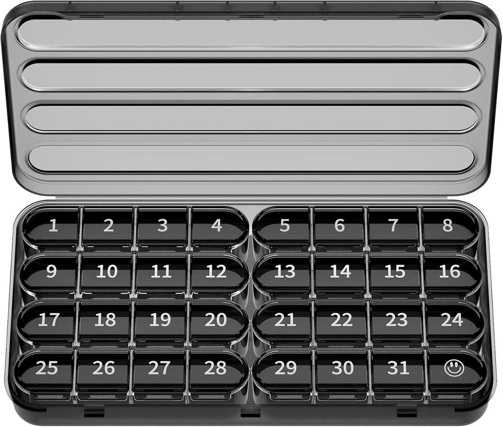 Zoksi Organizador de píldoras mensuales 1 veces al día, 30 días Organizador de caja de píldoras, un caso de pila de un mes para viajar, 31 días Contenedor diario de medicación para vitaminas, suplemento " Medicación(negro)