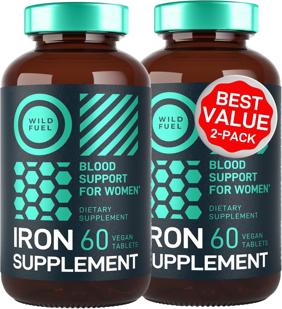 Suplemento de hierro vegano para mujeres con ácido fólico - 35 mg Constructor de sangre Sulfato ferroso, ácido fólico 400 mcg - Planchas de hierro para mujeres con anemia " Apoyo al embarazo - 120 Tablas sin gluten - 2Pack