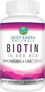 Best Earth Naturals Biotin 10,000mcg - Extra Strength Biotin Vitamin Supplement to Support Hair Growth, Strong Nails, Long Eye Lashes and Healthy Skin