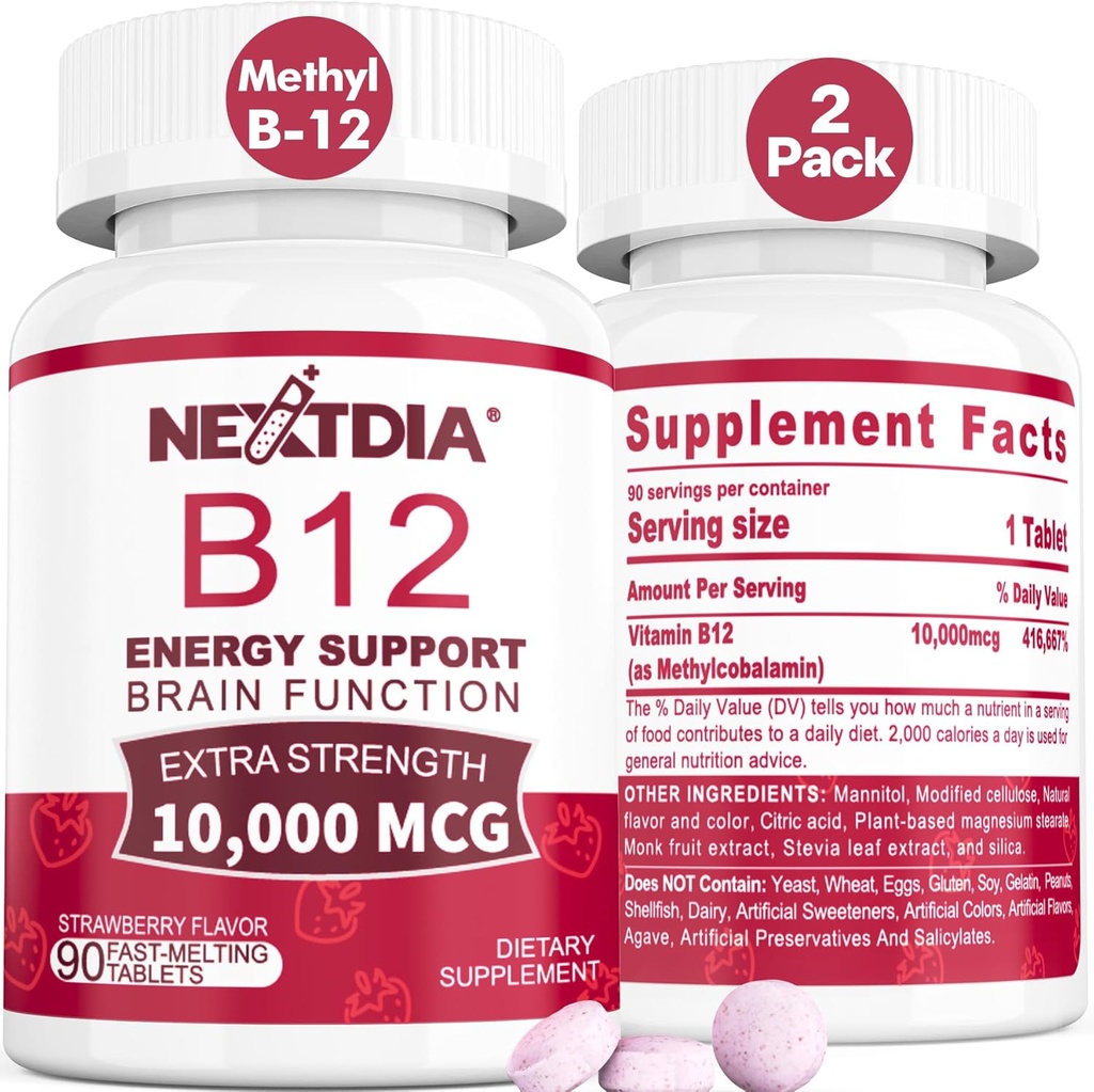 B12 Vitaminas 10.000 mcg, Vitamina Metilada B12 Sublingual - Energía, Focus, Metabolismo & Cerebro Apoyo a la Salud, Sistema Inmunitario, Dissolve rápido, Sabor de Fresa Natural, 180 Servimientos