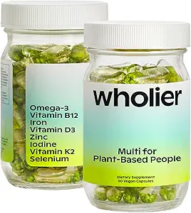 wholier Plant Based Multivitamin Vegan Omega-3 DHA EPA, Vitamina D, B12, Zinc, Vitamina K2, Iron, Iodine, Selenium. 60 Cuenta (30-Day Supply) Botella de vidrio