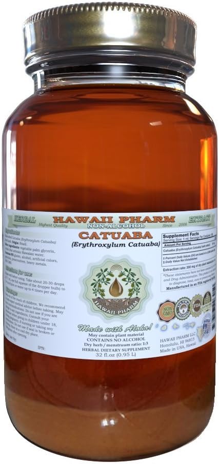 Extracto líquido libre de alcohol en Catuaba (Erythroxylum Catuaba) Barco seco Glycerite Hawaii Pharm Natural Herbal Suplemento 32 oz Unfiltered