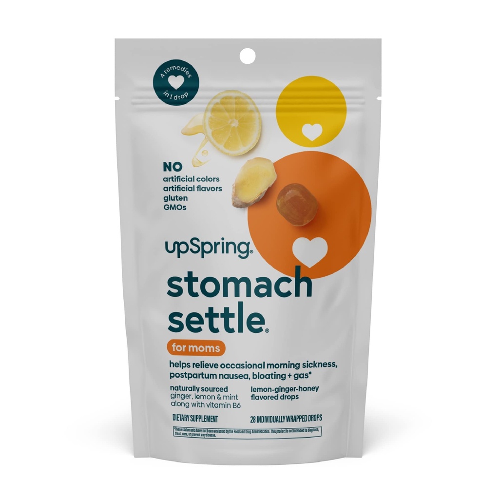 UpSpring Stomach Settle for Moms Drops for Occasional Morning Sickness with Ginger, Lemon, Spearmint, and B6. Individually Wrapped Drops, 28 Ct(Packaging May Vary)