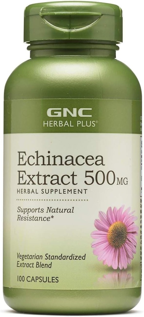 GNC Herbal Plus Echinacea Extracto 500mg Suplemento, Vegetariano, Apoyo a la Resistencia Natural, 100 Servimientos