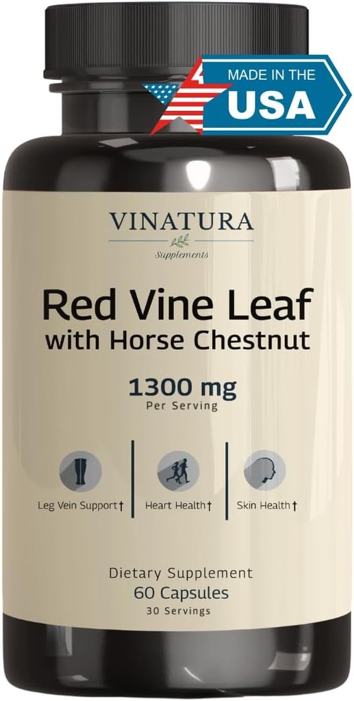 VINATURA Red Vine Leaf Extract - Caballo Chestnut, 1300mg/servido *USA Hecho y probado* Circulación y Veinte Soporte para las piernas sanas - Ayuda a Flujo de sangre, Circulación de las piernas - 60 cápsulas (30 servidos)