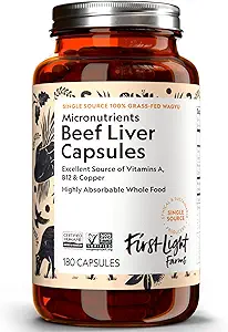 First Light Farms Grass-Fed Beef Liver Capsules ← Nutrient-Dense Whole Food Nutrition, Freeze-Dried, Grassfed & Certified Humane ← 180 Capsules for Energy, Immunity, and Global Wellness