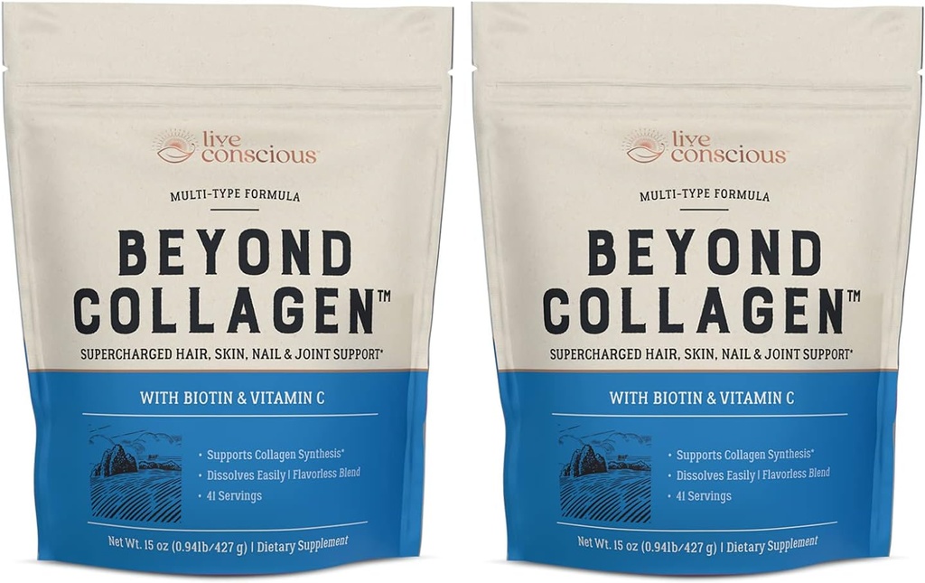Conscious Beyond Collagen Multi Collagen Powder - Tipos I, II, III, V & X TENIDO Keto Friendly, Hydrolyzed Blend with Biotin & Vitamin C (2-Pack)