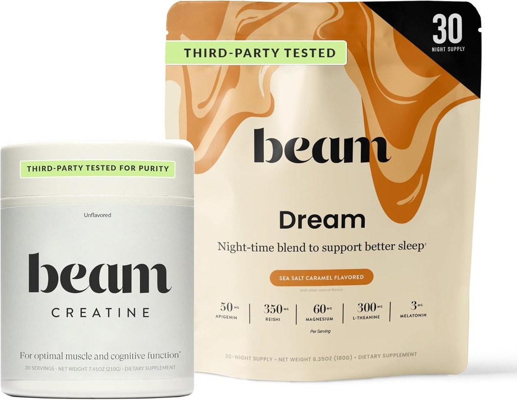Beam Dream Sleep Powder &amp; Creatine Bundle, Third Party tested Natural Sleep Aid & Recovery Suplemento con micronized Creatine Monohydrate, Unflavored Pure Creatine Powder for Muscle Strength, Energy