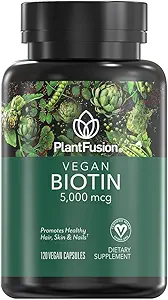 PlantFusion Vegan Biotin de, Premium Vegan Biotin para Mujeres y Hombres (5000mcg), Natural Hair Skin y Nails Vitaminas, 120 Vegan Capsules