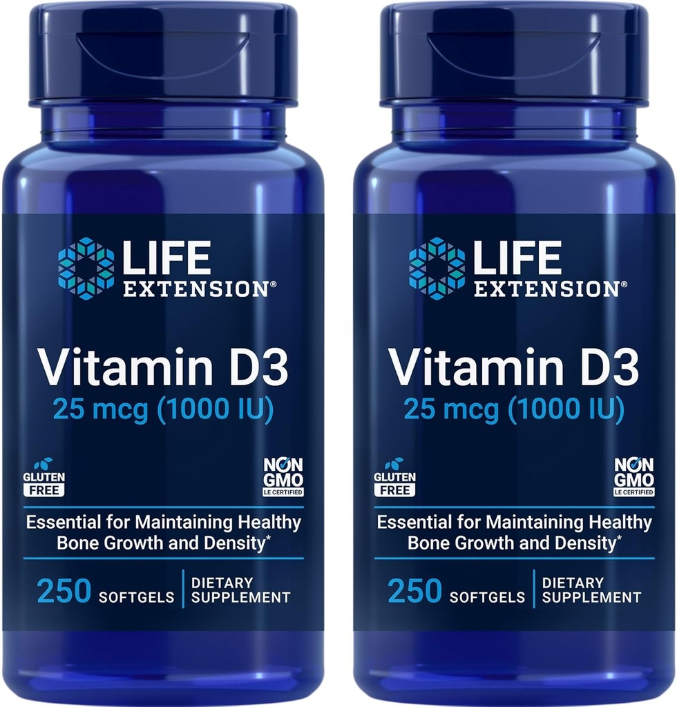 Extensión de vida Vitamina D3 25 mcg (1000 UI), Soporte de sistema inmunitario, salud ósea, salud integral, tamaño de valor, libre de gluten, no transgénico – dos paquete - 2 x 250 Softgels