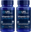 Extensión de vida Vitamina D3 25 mcg (1000 UI), Soporte de sistema inmunitario, salud ósea, salud integral, tamaño de valor, libre de gluten, no transgénico – dos paquete - 2 x 250 Softgels