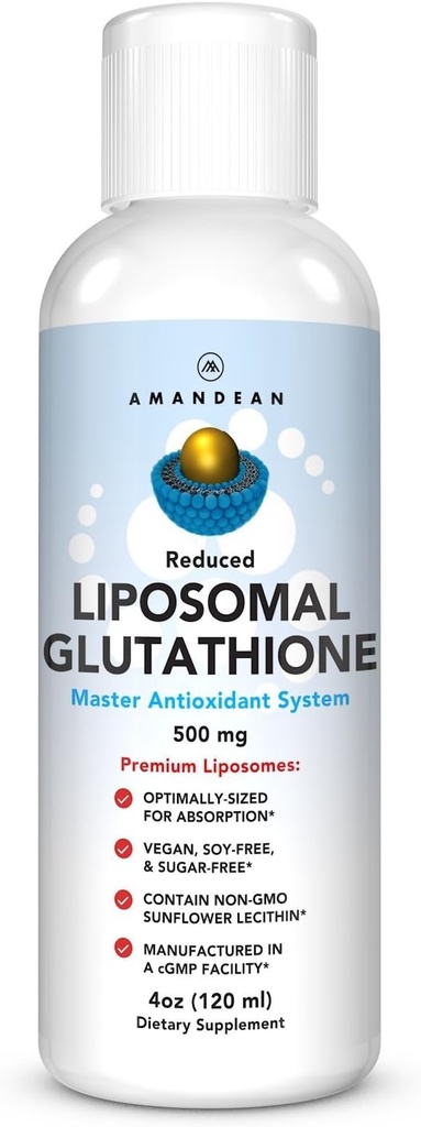 AMANDEAN Liposomal Glutathione Suplemento. Setria reducida líquida 500mg. Apoyo inmunológico, Salud cerebral, Detox hígado, Salud de la piel. Phosphatidylcholine de Non-GMO Sunflower Lecithin. Soy libre de vegano.