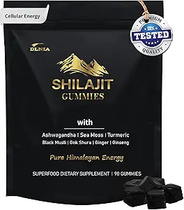 Shilajit Gummies with Ashwagandha, Turmeric - Organic, Zero Sugar & Vegan-Friendly Himalayan Shilajit for Men &amp; Women - Energy, Calm, Cortisol, Sleep, Immune Support &amp; Global Health