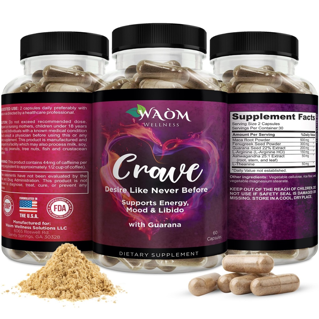 Crave – Booster de Deseo de Mujeres con Maca, Ashwagandha & L-Theanine – Energía Natural, Mood &amp; Hormone Balance Support – 60 cápsulas Vegan